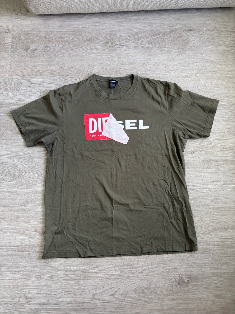 Diesel Olive Green Short-Sleeve Tee with Red & White Logo